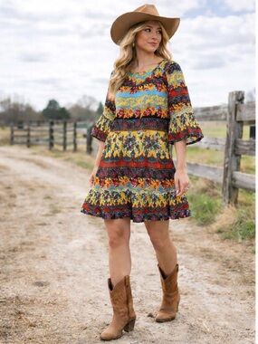 ROPER Boho Floral Tiered Dress Small Colorful Paisley Western Festival Cowgirl